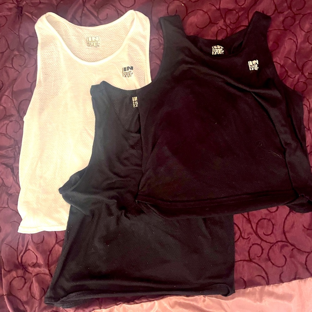 Three Insport tank tops. White & black. Medium wear, good condition. US size L.